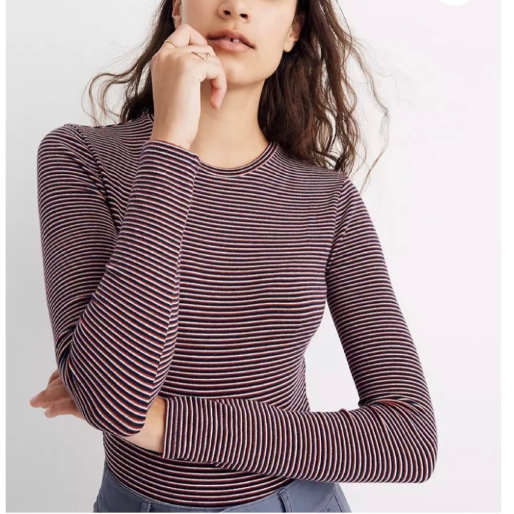 Madewell Crewneck Long Sleeve Striped Thong Bodysuit Size Small